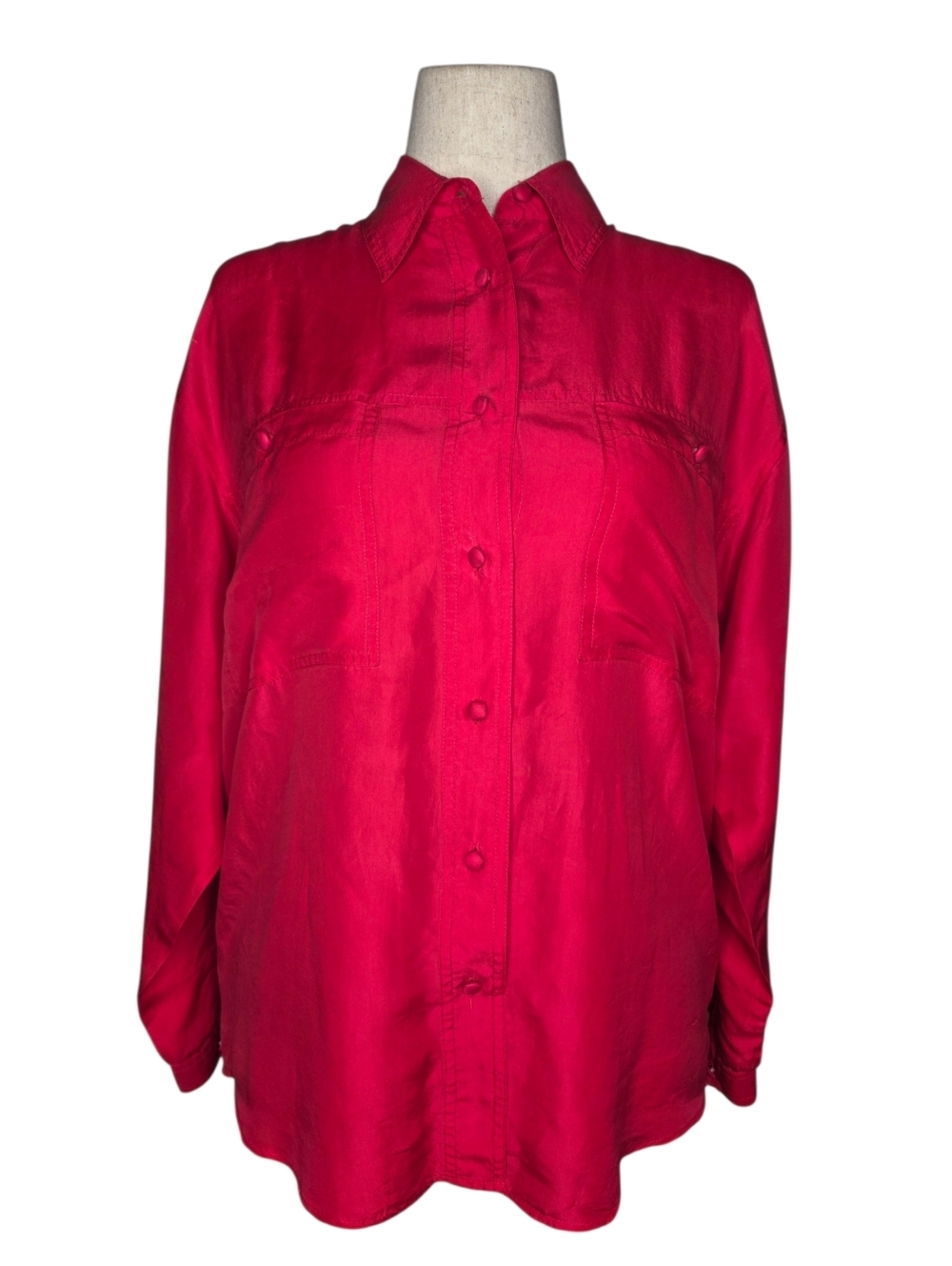 CLIO Red 100% Silk Button Front Blouse Shirt Top Size S Lightweight